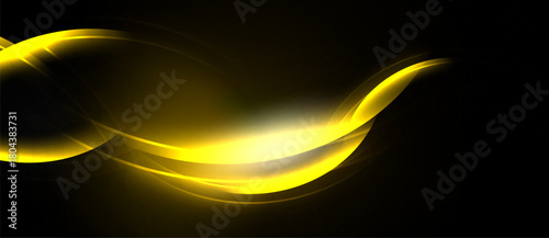 Dynamic yellow light curves flow across black background. Brightness creates sense movement, energy, modern design.