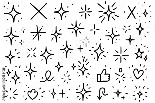 Hand-drawn doodle vector set of cross sparkles, created in a fun, sketchy style, isolated on white background
