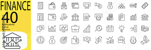 Finance icon set. Editable stroke. Finance thin line icon set. Saving, increasing and spending finances. Payments elements, budget, loan, bank, deposit, money, profit, piggy bank - stock vector.