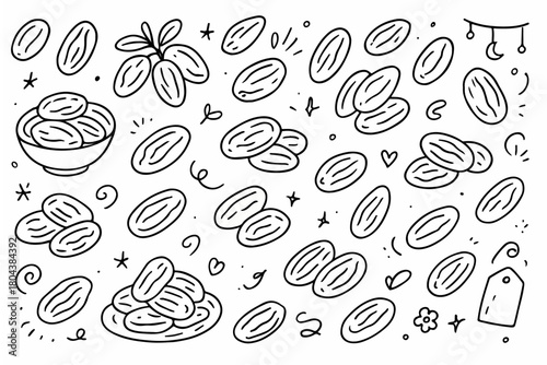 Hand-drawn doodle vector set of dates khajoor created in a playful sketchy style, isolated on white background
