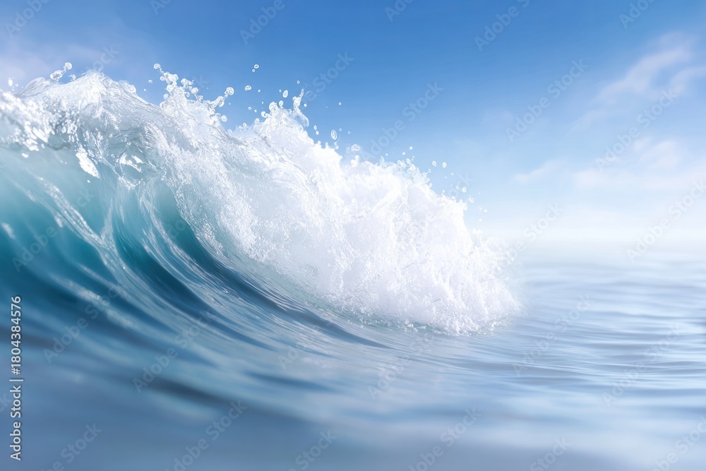 Fototapeta premium Oceanic Majesty: A mesmerizing view of a majestic wave cresting, its foamy texture contrasting with the tranquil ocean. The sky above is a canvas of serene blue.