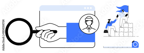 Magnifying glass over browser with candidate profile, teamwork climbing blocks. Ideal for recruitment, teamwork, HR, career growth, collaboration, support, simple flat metaphor