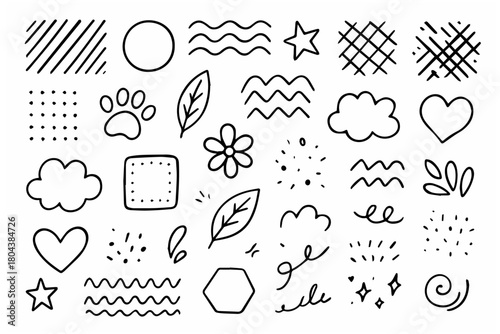Hand-drawn doodle vector set of decorative shapes and patterns, created in a playful, sketchy style, isolated on white background
