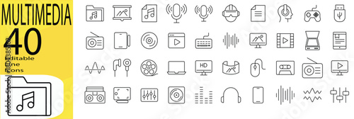 MULTIMEDIA icon set. Editable stroke.