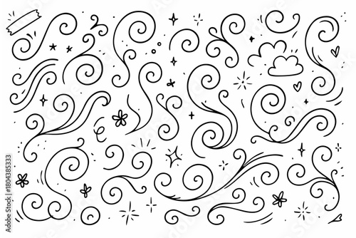 Hand-drawn doodle vector set of elegant swirl doodles created in a playful sketchy style, isolated on white background
