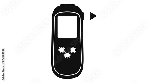 Handheld electronic device icon with screen, buttons, and an arrow indicating a directional swipe or data transfer.