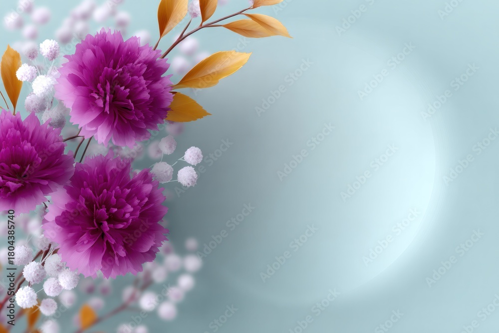 Fototapeta premium Floral Fantasy: A delicate display of vibrant purple peonies and golden leaves, interspersed with tiny white berries, graces a soft blue backdrop, evoking feelings of serenity and beauty.