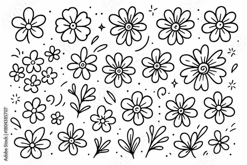 Hand-drawn doodle vector set of flower scribbles, created in a fun, sketchy style, isolated on white background
