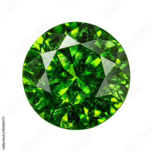 Demantoid garnet gemstone in round cut. Vivid green fire dispersion. Isolated white background. Png format