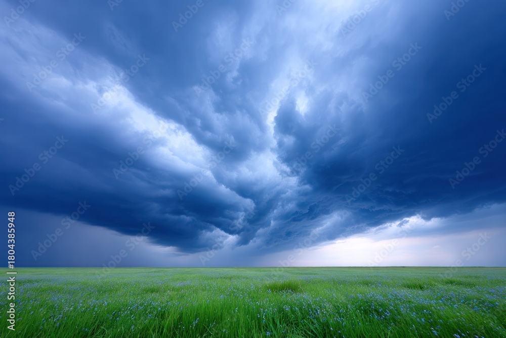 Obraz premium Storm Brewing: A dramatic landscape featuring a vibrant green field under a churning, dramatic, stormy sky, capturing the raw power of nature.