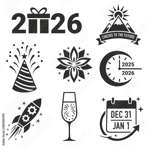 New Year 2026 Celebration Icons Set