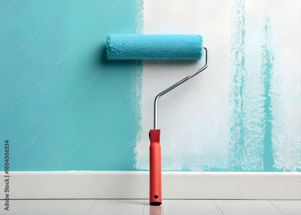 Obraz premium Paint roller with paint dripping, home improvement projects, creative DIY, modern design, fresh coat, renovate, remodel, interior design inspiration