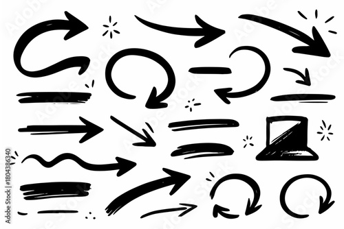 Hand-drawn doodle vector set of highlight arrows created in a fun sketchy style isolated on white background
