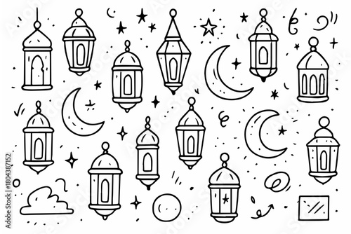Hand-drawn doodle vector set of lanterns fanous created in a playful sketchy style, isolated on white background
