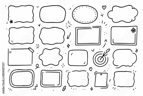 Hand-drawn doodle vector set of loose frame shapes created in a playful sketchy style, isolated on white background
