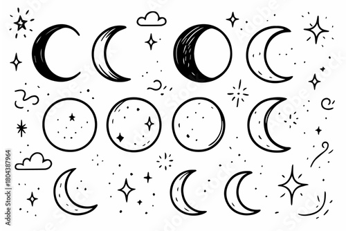Hand-drawn doodle vector set of multiple moon phases created in a playful sketchy style, isolated on white background
