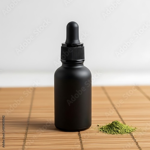 Matte black dropper bottle with green powder on bamboo mat background