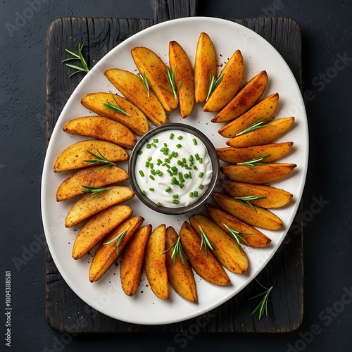 Crispy golden potato wedges arranged in a circle with creamy dipping sauce
