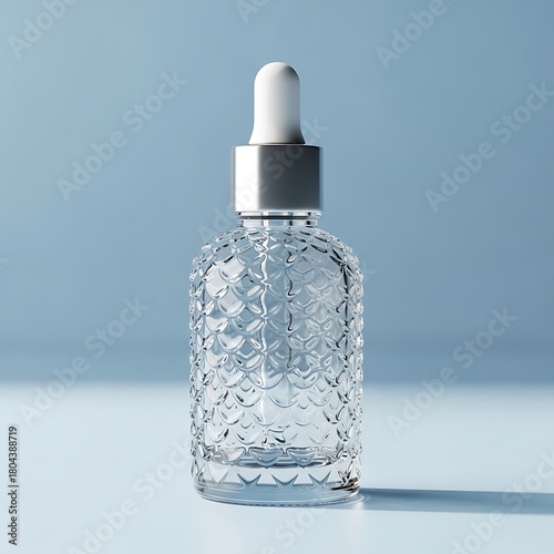 Clear glass dropper bottle with textured surface and silver cap on a blue background