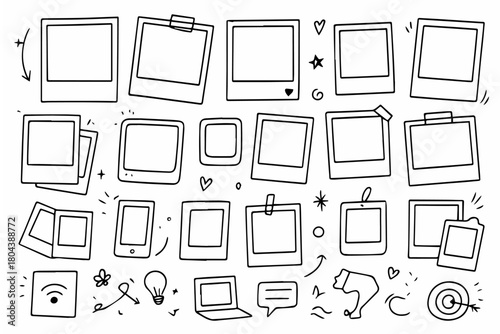 Hand-drawn doodle vector set of Polaroid doodle frames created in a playful sketchy style, isolated on white background
