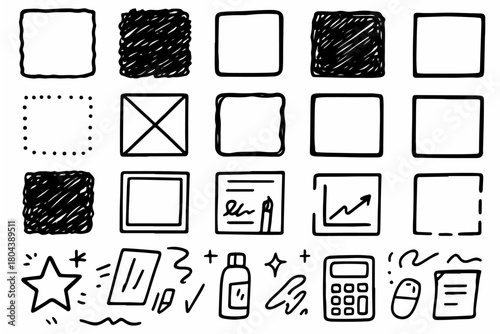 Hand-drawn doodle vector set of scribble squares created in a fun sketchy style, isolated on white background
