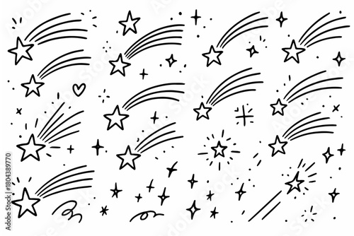 Hand-drawn doodle vector set of shooting stars created in a fun sketchy style, isolated on white background
