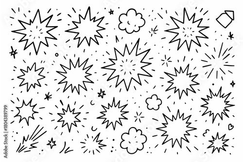 Hand-drawn doodle vector set of small explosion symbols created in a playful sketchy style, isolated on white background
