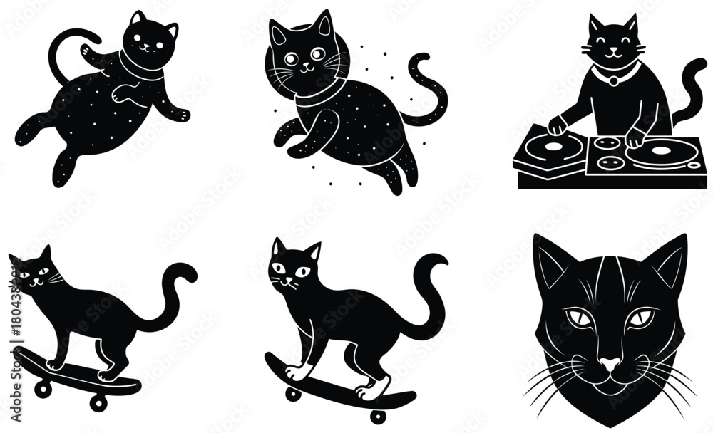 Naklejka premium Black Cat Silhouette Illustrations Space Cat DJ Cat Skateboard Cat Vector Set.eps