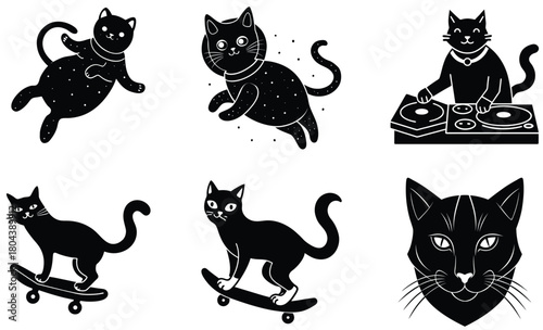 Black Cat Silhouette Illustrations Space Cat DJ Cat Skateboard Cat Vector Set.eps