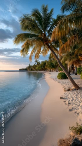 Tropical tranquil beach with palm trees and calm sea waves