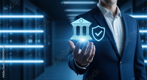 Businessman holding glowing bank and shield icon representing financial security