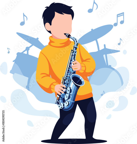 Energyfilled young musician plays saxophone with drums ideal for musicthemed designs, concert promotions, and creative projects needing musical elements.