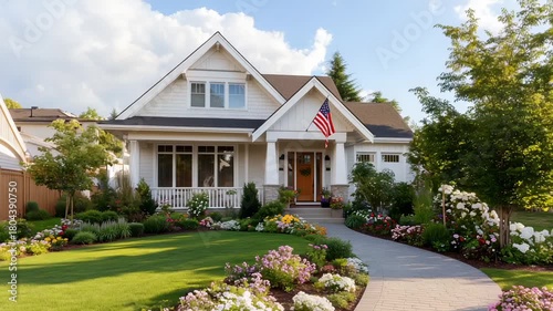 American suburban home with a manicured front lawn and USA flag