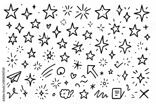 Hand-drawn doodle vector set of stars and sparkles created in a fun sketchy style, isolated on white background
