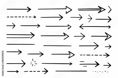 Hand-drawn doodle vector set of straight arrows created in a fun sketchy style, isolated on white background
