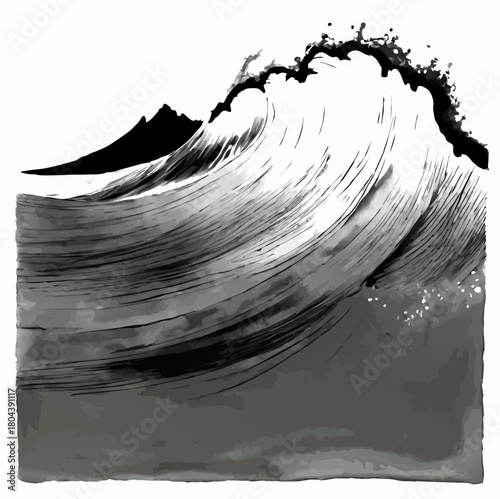 black and white single ocean waver pencil sketch illustzration