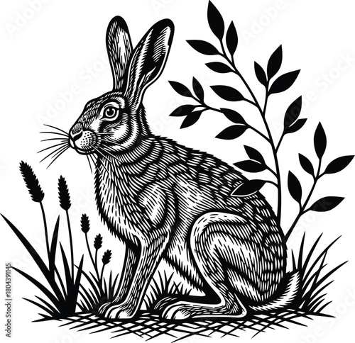 Hare illustration black and white vintage style rabbit animal wildlife art eps silhouette