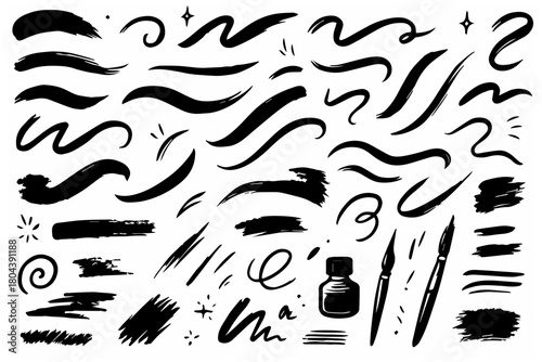 Hand-drawn doodle vector set of Sumi-ink brush lines created in a sketchy style, isolated on white background
