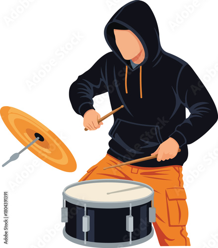 Faceless drummer in orange pants, playing drums and cymbals. Suitable for musicrelated designs, posters, album covers, and music event promotions.