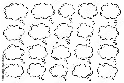 Hand-drawn doodle vector set of thought bubbles created in a fun sketchy style, isolated on white background
