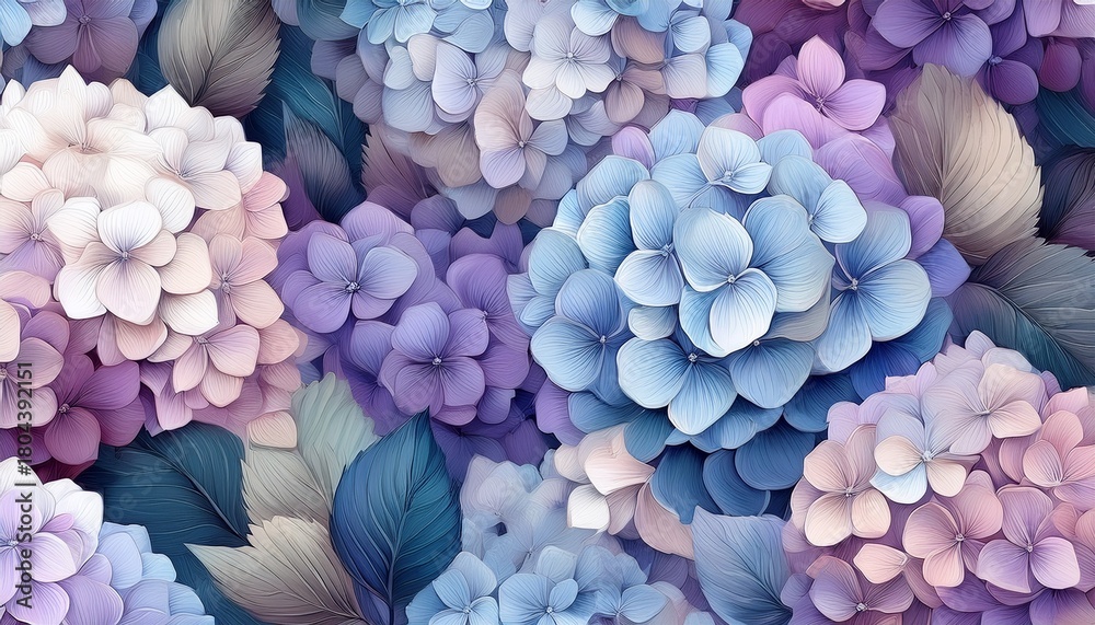 Obraz premium seamless background featuring hydrangea flowers in soft white blue pink purple and violet shades perfect for design projects wallpapers invitations digital art floral patterns spring themes
