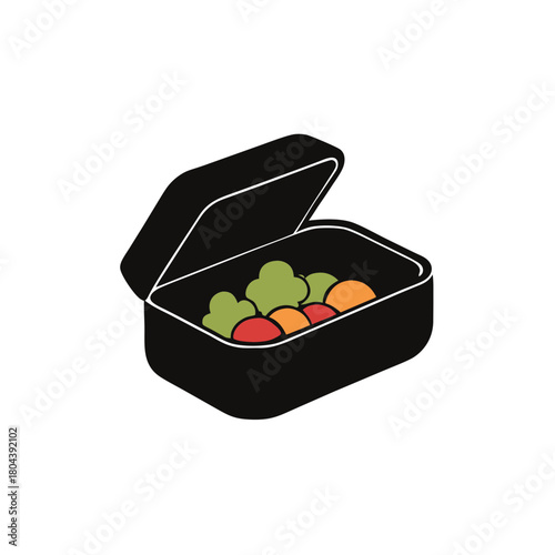 Open black lunch box filled with colorful fruits and vegetables