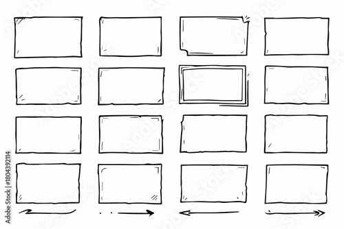 Hand-drawn doodle vector set of torn corner frame boxes created in a fun sketchy style, isolated on white background
