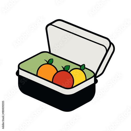 Open lunch box with colorful fruits on a black background