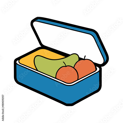 Open blue lunch box filled with healthy food and fruit