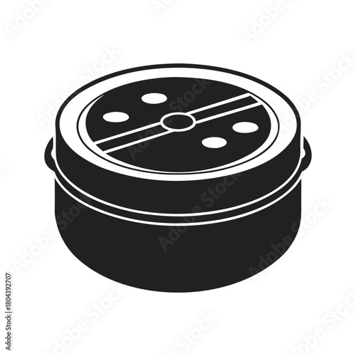 Black and white illustration of a round shaker with a perforated lid