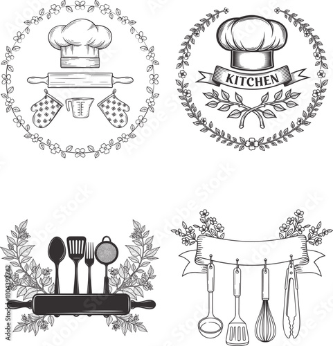 Vintage floral kitchen utensil and coffee illustration set with hanging cooking tools pizza oven floral frame coffee maker steaming cup botanical decorative line art vector for restaurant cafe bakery 