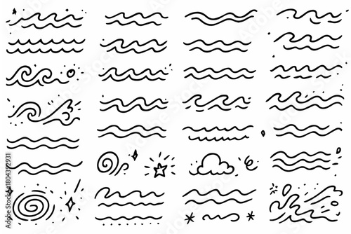 Hand-drawn doodle vector set of waves and water lines created in a playful sketchy style, isolated on white background
