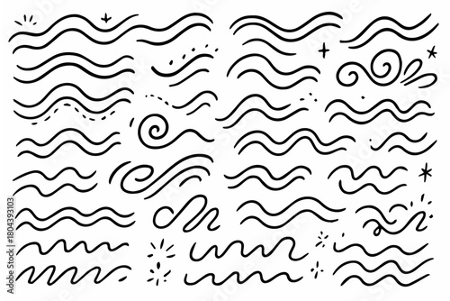 Hand-drawn doodle vector set of wavy strokes created in a fun sketchy style, isolated on white background
