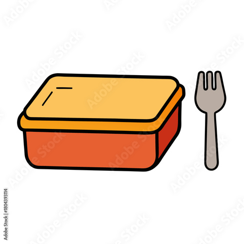 Simple cartoon lunchbox and fork illustration on black background
